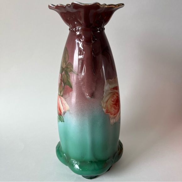 Beautiful Porcelain Pitcher 9.5" Tall" 5” Wide ~ Rose~ Gold Gild~ Green~Burgundy - Picture 6 of 12